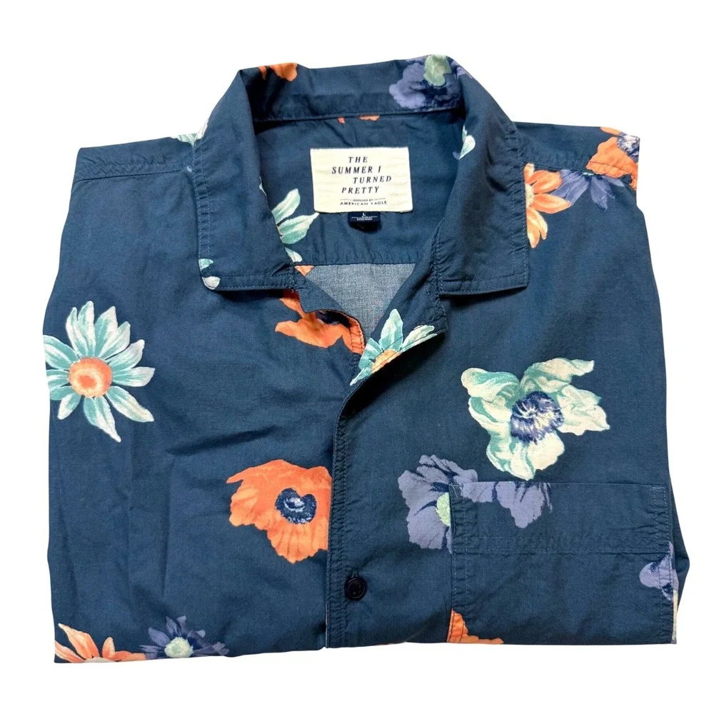 American Eagle Floral Button Down Mens Large Blue Summer I Turned Pretty